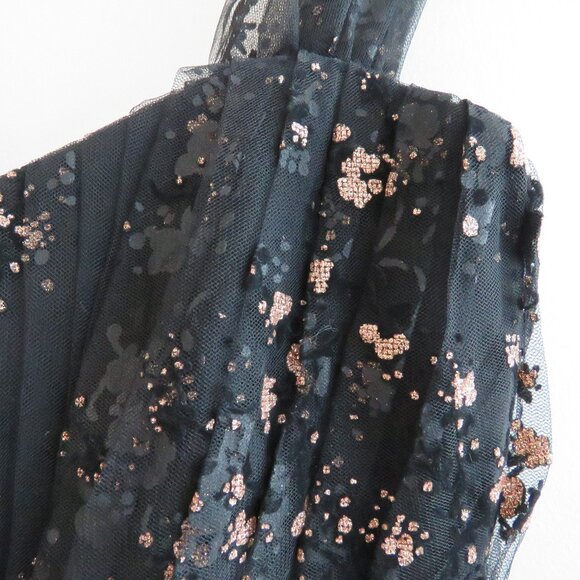 MARCHESA NOTTE Flocked Glitter Tulle Tea Length Dress Black Gold - Size 4 - Picture 8 of 15